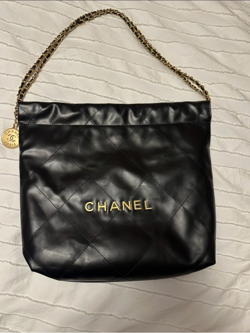 CC Black Quilted Leather Shoulder Bag with Gold Hardware